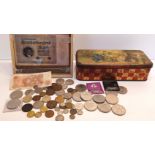 TIN OF COINS AND NOTES - INC. VICTORIAN TOKEN, FIVE AND TWO COINS ETC.