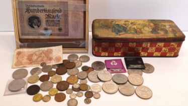 TIN OF COINS AND NOTES - INC. VICTORIAN TOKEN, FIVE AND TWO COINS ETC.