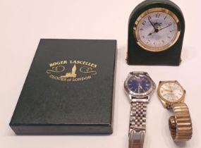 TWO GENTS WATCHES BULER 17 JEWELS, LORUS AND ROGER CELLES CLOCK
