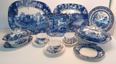 MIXED BLUE AND WHITE CERAMICS - ENOCHWOODS CASTLE, SPODE BLUE ITALIAN DISH AND COAL CUPS AND SAUCERS