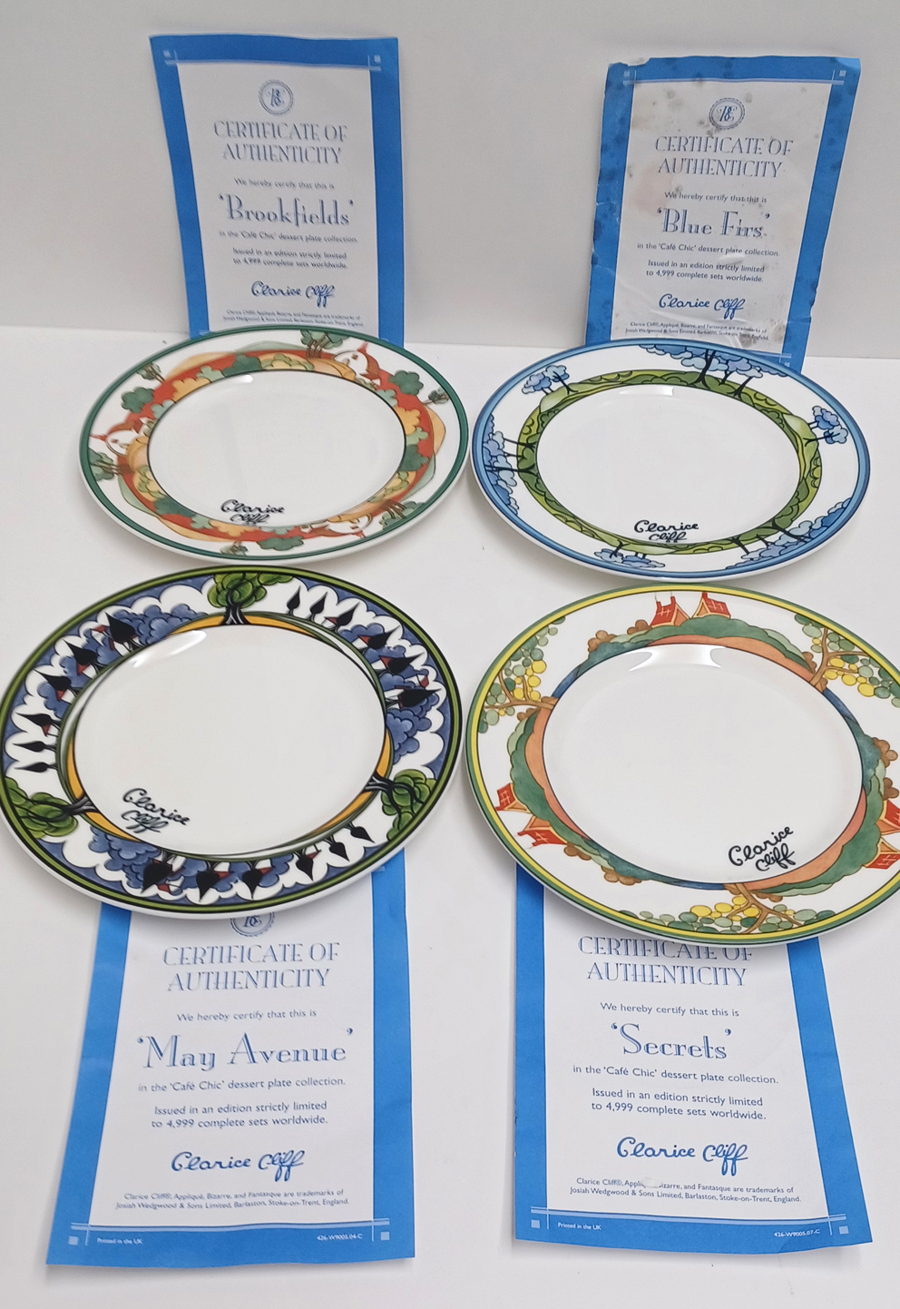 FOUR CLARICE CLIFF "SECRETS, BROOKFIELD, BLUE FIRS, MAY AVENUE" CAFE CHIC PLATES BY WEDGWOOD  - Image 3 of 3