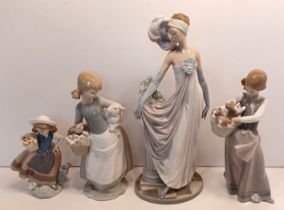 LLADRO FIGURINES INC. 1311 LITTLE GIRL ON HIP, 5383 SOCIALITE OF THE 20'S, 5221 SWEET SCENT AND 4898