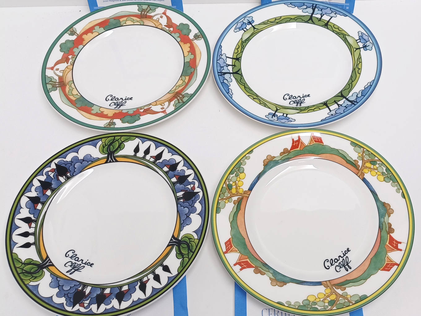 FOUR CLARICE CLIFF "SECRETS, BROOKFIELD, BLUE FIRS, MAY AVENUE" CAFE CHIC PLATES BY WEDGWOOD 