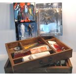 BOX OF MECCANO, 2 MCFARLANE X FILES FIGURES BOXED AND SOLARLORD ACTION FIGURE METALLIC EDITION.
