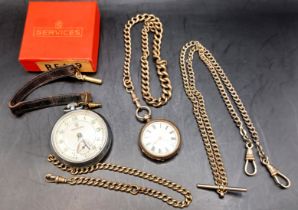 A VICTORIAN 1882 SILVER POCKET WATCH WITH ALBERT CHAIN, ANOTHER SILVER ALBERT CHAIN, SERVICE POCKET 