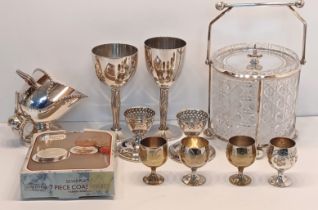 SILVER PLATED BISCUIT BARREL, GOBLETS, SUGAR BARREL AND SHUFFLE ETC. (11)