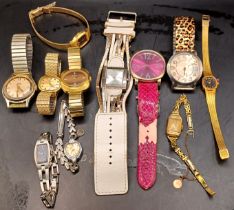 BAG OF VINTAGE WATCHES INC. SEIKO, WALTHAM, ACCURIST, ORIS WITH A 9CT ST CHRISTOPHER CHARM ETC. ETC.