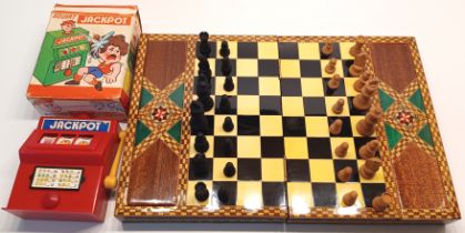 WOODEN CHESS SET IN AN INLAID BOX AND SQUIRT JACKPOT