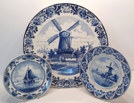 3 DELFTWARE POTTERY BLUE AND WHITE DISPLAY PLATES - LARGEST 40CM DIAMETER 