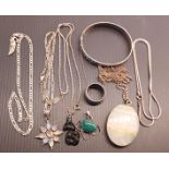 SILVER JEWELLERY - MALACHITE PENDANT, SILVER RING, 2 SILVER CHAINS, MILKY STAR SHAPE NECKLACE, BANGL