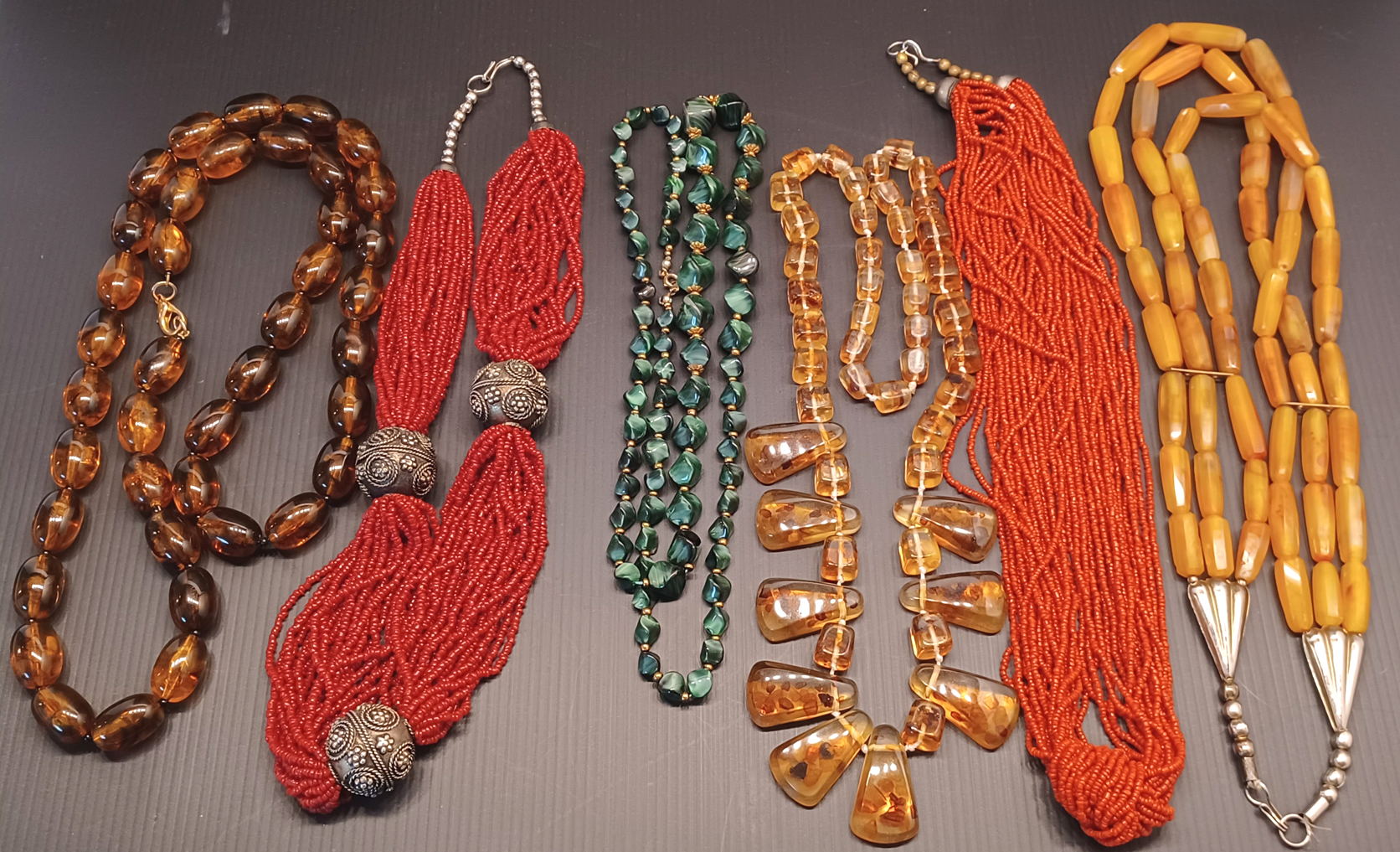 SIX BEADED NECKLACES - INC. AMBER, CORAL ETC. 