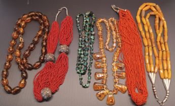 SIX BEADED NECKLACES - INC. AMBER, CORAL ETC.