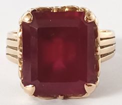 9CT GOLD SYNTHETIC RUBY RING SIZE R 7.7g STONE SIZE APPROX 15MM X 12.5MM