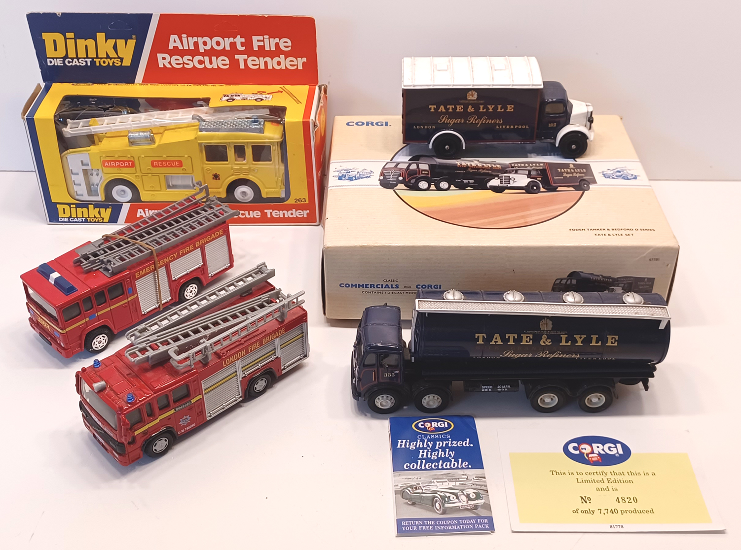 DINKY 263 AIRPORT FIRE RESCUE TENDER (BOXED), 2 x CORGI FIRE ENGINES (UNBOXED) & CORGI 97781 TATE & 