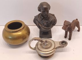 BRONZED BUST SHAKESPEARE, AIREDALE WOODEN DOG, BRASS INCENSE BURNER, PLATED OIL LAMP