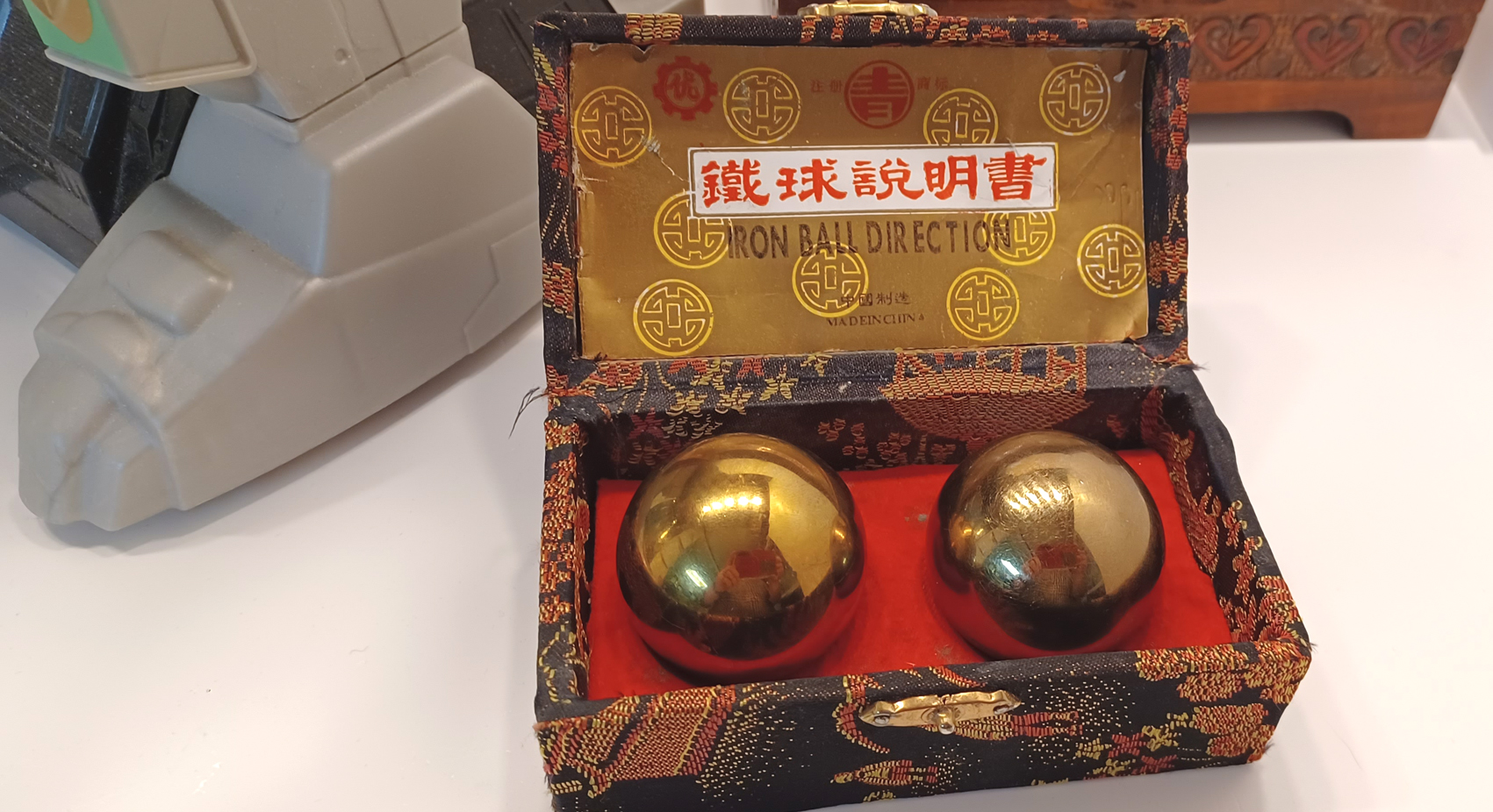 MATTEL POWER RANGERS DRAGONARD 15" TALL, ORIENTAL WOODEN BOX AND PAIR OF CHINESE IRON BALLS  - Image 2 of 2