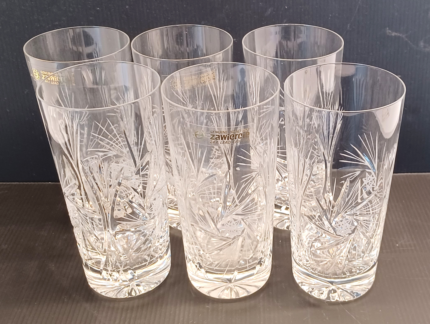 SIX ZAWIERCIE 24% LEAD CRYSTAL HIGH TUMBLERS 15CM TALL