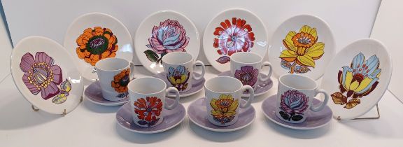 WASHINGTON FLOWER POWER POTTERY SIX CUPS, SAUCERS AND SIDE PLATES