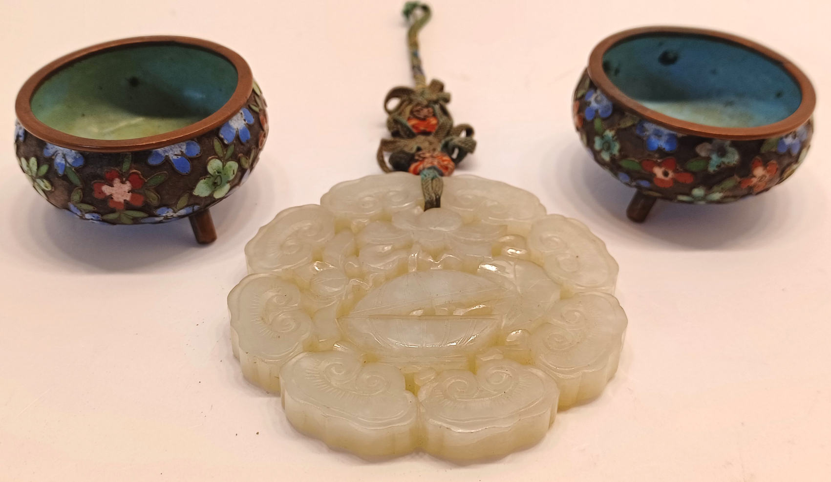 CHINESE CARVED LOTUS PENDANT PROBABLY JADE 72MM DIAMETER, AND 2 CHINESE CLOISONNE MINIATURE FLORAL