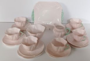 SHELLEY - DAINTY FOLIATE MOULDED IN PINK AND GREEN 21 PIECE TEA SET