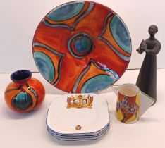 2 POOLE POTTERY - A DISH / BOWL 27CM DIAMETER, AND VASE WITH CLARICE CLIFF WEDGWOOD JUG, ROYAL DOULT