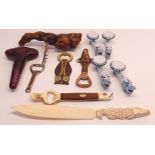 VINTAGE CORK SCREWS, BOTTLE OPENERS, LETTER OPENER, KNIFE RESTS