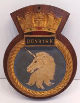 HMS DUNKIRK SHIP'S PLAQUE MOUNTED ON WOOD 10" x 8"
