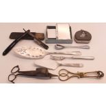 1937 CORONATION CAKE SLICE, SUGAR TONGS, CANDLE SNUFF CUTTER ETC