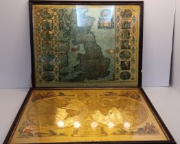 GOLD FOIL PRINTS - IL MAPPAMONDO AND BRITISH ISLES JOHN SPEED. BOTH 21" X 17"