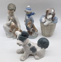 4 LLADRO - 4522 BOY WITH DOG, WALKING DOG, DOG IN BASKET, DOG