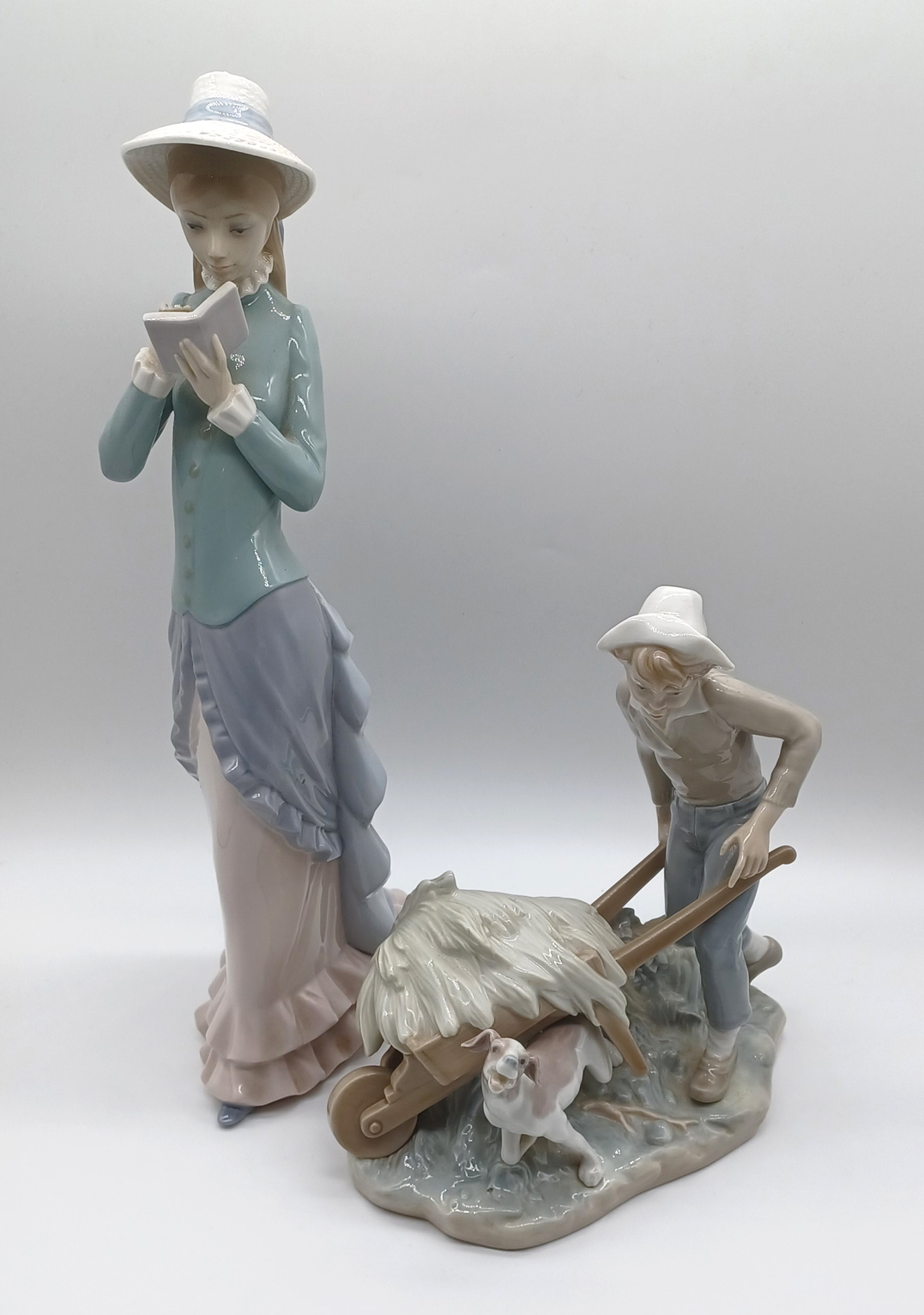 LLADRO 1978 LADY READING 14" TALL & BOY WITH WHEEL BARROW