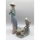 LLADRO 1978 LADY READING 14" TALL & BOY WITH WHEEL BARROW