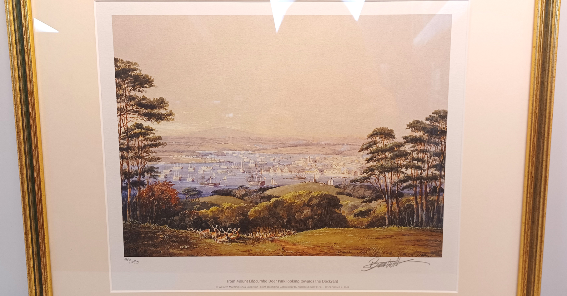 NICHOLAS CONDY (1793-1857) FROM MOUNT EDGCUMBE DEER PARK LOOKING TOWARDS THE DOCKYARD PRINT 20"X18"