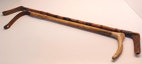 2 EQUESTRIAN RIDING CROPS - SILVER COLLARED ANTLER HANDLED AND BAMBOO CANE INSCRIBED "TO JC FROM J H