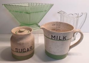 URANIUM ART DECO FLOWER VASE, KLEEN KITCHEN MILK JUG & SUGAR POT, & A STYLISH GLASS JUG