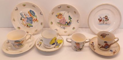 4 SETS OF CHILDRENS NURSERY CUPS AND SAUCERS INC. PRUSZKOW, WELLINGTON LITTLE BOY BLUE ETC.