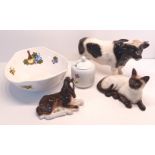 BESWICK SIAMESE CAT, USSR PONY, BULL, LORD NELSON FRUIT BOWL, AND A RADFORD HONEY POT