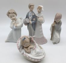 4 LLADRO - 6710 BABY IN CRIB, ANGEL, 4808 BRIDE AND GROOM, BOY HOLDING A STICK
