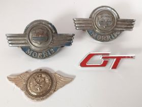 2 MORRIS MOTORS OXFORD BONNET BADGES, A ST CHRISTOPHER BADGE & A VINTAGE GT CAR BADGE