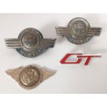 2 MORRIS MOTORS OXFORD BONNET BADGES, A ST CHRISTOPHER BADGE & A VINTAGE GT CAR BADGE