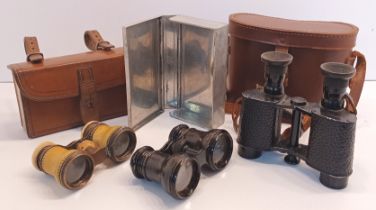 EARLY COLMONT BINOCULARS IN CASE, 2 OTHER PAIRS & A WEBBING LEATHER POUCH WITH METAL CASE INSERT