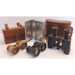 EARLY COLMONT BINOCULARS IN CASE, 2 OTHER PAIRS & A WEBBING LEATHER POUCH WITH METAL CASE INSERT
