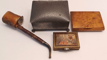 COLLECTION OF PEWTER CIGARETTE BOX, A MUSICAL CIGARETTE CASE, 1899 PIPE AND CASE