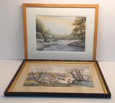 2 WATER COLOURS LAKE SCENE AND RURAL SETTING BOTH SIGNED 52CM X 42CM