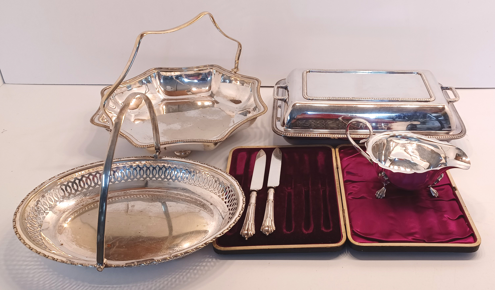 2 SILVER HANDLE TEA KNIVES CASED, SILVER PLATED MAPPIN AND WEBB TUREEN, SAUCE BOAT, AND 2  BASKETS