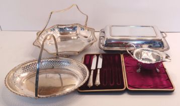 2 SILVER HANDLE TEA KNIVES CASED, SILVER PLATED MAPPIN AND WEBB TUREEN, SAUCE BOAT, AND 2 BASKETS