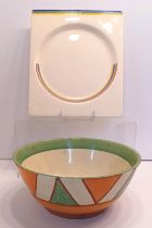 CLARICE CLIFF BIARRITZ BIZARRE PATTERN RAINBOW PLATE AND TRIANGLES IN GREEN AND ORANGE, PORTMIERION