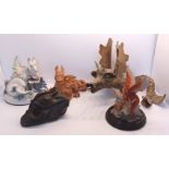 FIVE DRAGONS - A RESIN BRONZE DRAGON ON A ROCK SIGNED D DUDLEY 9" WIDE, A TERRACOTTA, CAST METAL, 