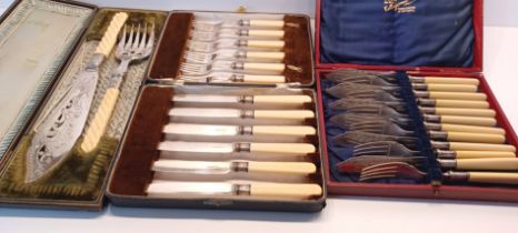 3 BOXED SETS OF CUTLERY, 1 WITH SILVER COLLARS