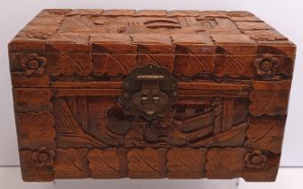 AN ORIENTAL CARVED WOOD BOX WITH BRASS HASP 10" WIDE